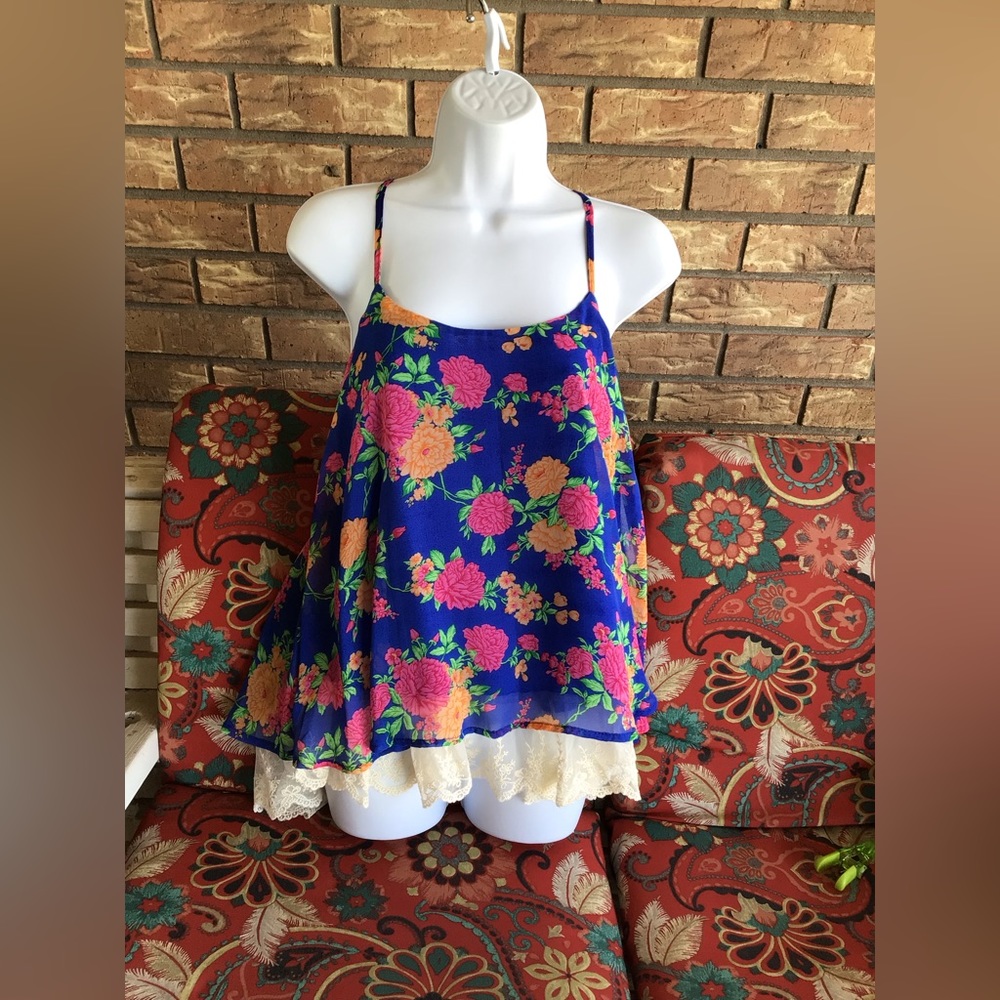 Royal Blue Floral Tank with Lace Trim Sz M NWT